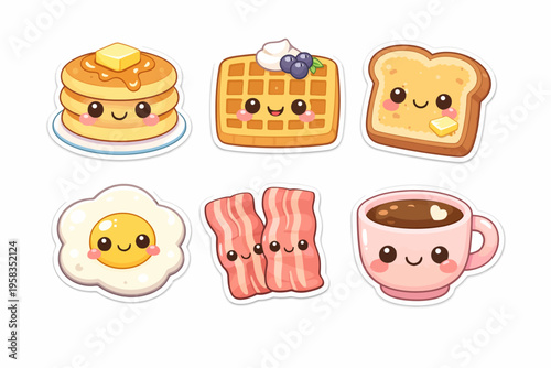 Cute kawaii breakfast stickers featuring pancakes, waffles, toast, egg, bacon, and coffee