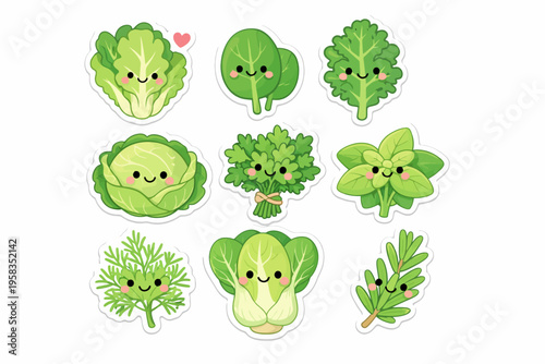 Cute cartoon vegetables with happy faces and heart elements