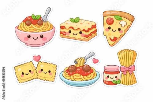 Cute italian food stickers with smiling pasta, pizza, and lasagna characters