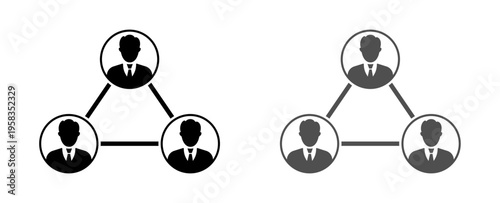 Set of businessman icons connected in a triangle formation, representing teamwork and networking. Outline and solid versions on a transparent background.