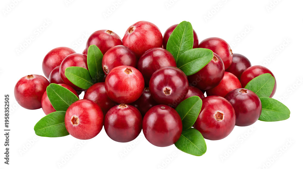Obraz premium Fresh red cranberries with green leaves arranged on a solid white surface solid white background and no background