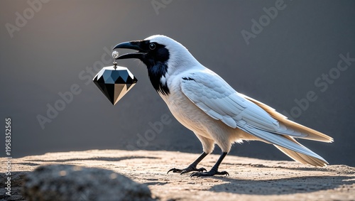 White crow holding a black faceted gemstone, rarity and luxury concept on dark background