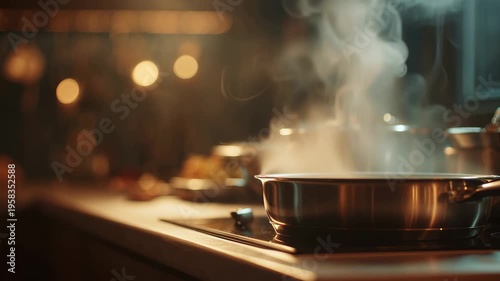 In a warm kitchen filled with fragrant steam, pans sizzle on the stove, blending fresh ingredients into delightful dishes. The dim lights create a relaxing and inviting atmosphere.