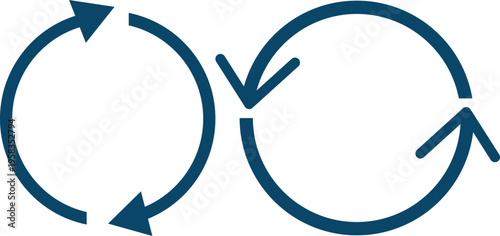 Two dark blue circular arrows depicting ongoing processes and continuous flow on a plain white backdrop