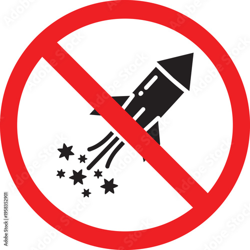 No fireworks symbol prohibition sign with a rocket and stars vector illustration for safety and event restrictions