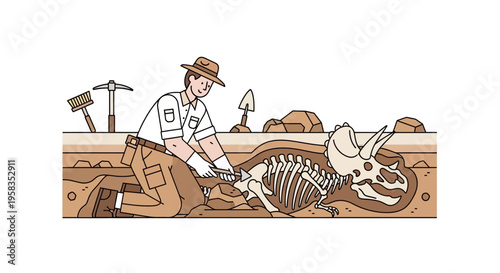 Paleontologist excavating dinosaur skeleton with tools.