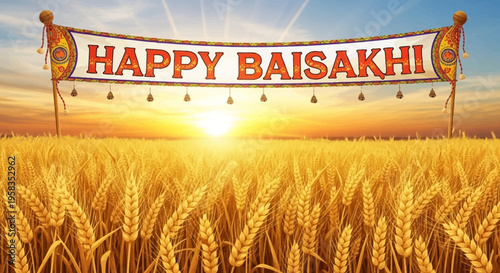 Happy Baisakhi banner over golden wheat field at sunset, celebrating harvest festival