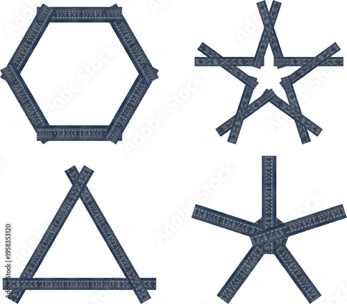 Four unique geometric shapes constructed from realistic blue denim fabric strips with visible stitching