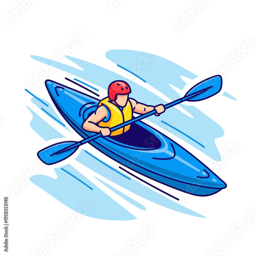 Person kayaking on blue water wearing life vest and helmet.