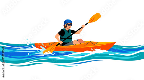 Person kayaking on water with paddle.
