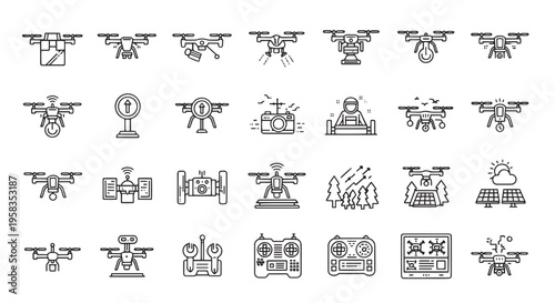 Drone Technology and Unmanned Aerial Vehicle Line Icon Set