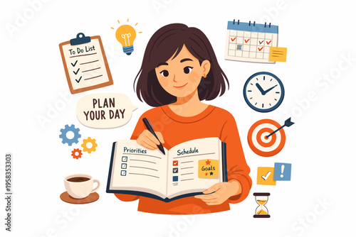 Young asian female planning day with to-do list and schedule