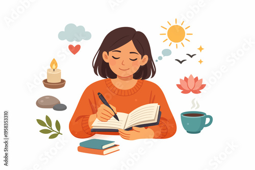 Young hispanic female journaling for relaxation with nature and cozy elements