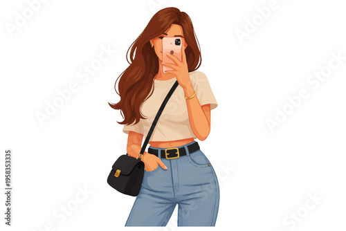 Young hispanic female with long hair taking a selfie in casual outfit
