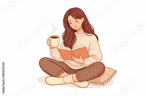 Young caucasian female relaxing with book and coffee in cozy setting