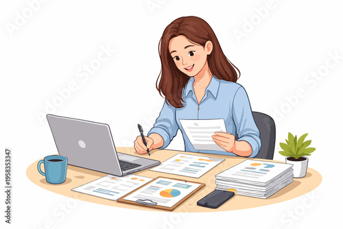 Caucasian female adult working remotely at home office with laptop and documents