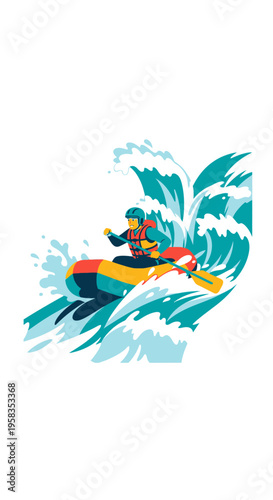 Person navigating a raft through turbulent whitewater rapids.