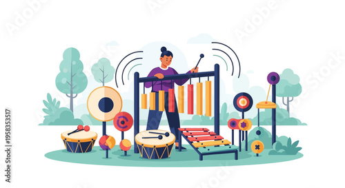 Person playing musical instruments in an outdoor setting.