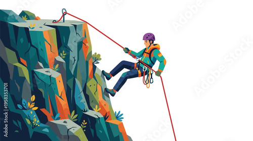 Person rappelling down a steep rocky cliff face.
