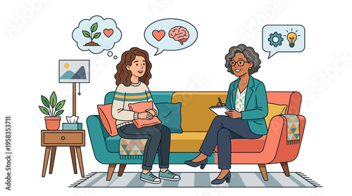 Psychological therapy session between two women on a couch.