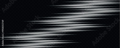 Abstract composition of blurred white horizontal lines against a solid black background suggesting speed and movement