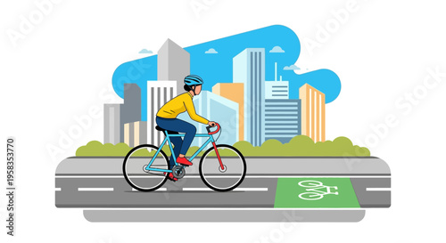 Person riding bicycle on dedicated bike lane in city.