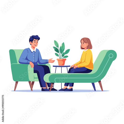 Psychologist and patient in therapy session discussing issues.