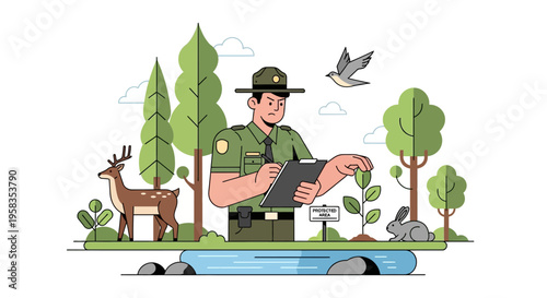 Park Ranger Inspecting Flora and Fauna in Natural Habitat.