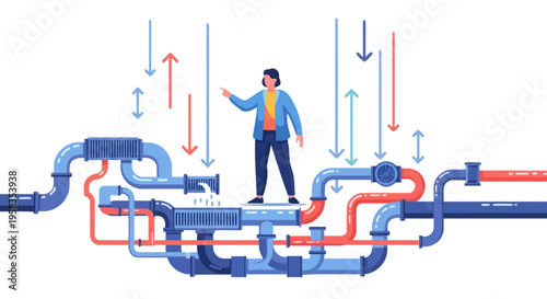 Person Standing Amidst Complex Network of Pipes and Arrows.