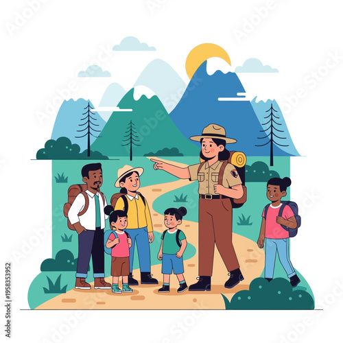 Park Ranger Leading Family on Nature Trail Adventure.