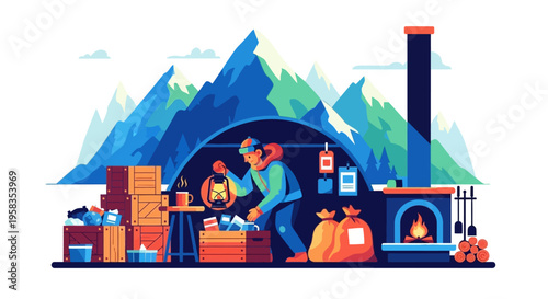 Person tending to a campfire in a cozy shelter.