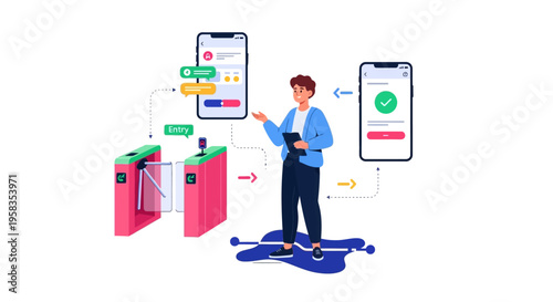 Person using mobile app for access control at turnstile.