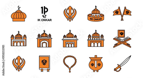 Baisakhi, Set of 15 Sikhism religious symbols and temple icons vector in orange and black outline