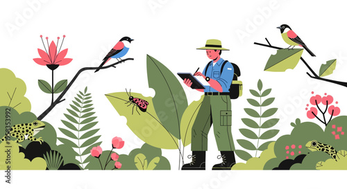 Park Ranger Observing Wildlife and Flora in Nature.