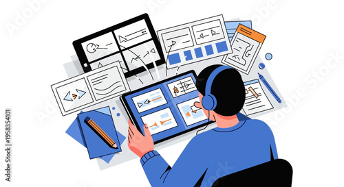 Person wearing headphones looking at tablet with multiple screens.