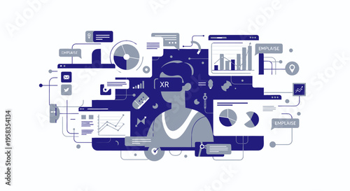 Person wearing virtual reality headset surrounded by data visualizations.