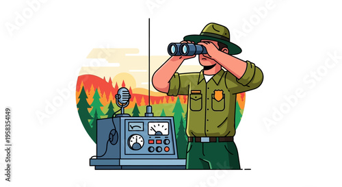 Park Ranger Using Binoculars and Radio for Surveillance.
