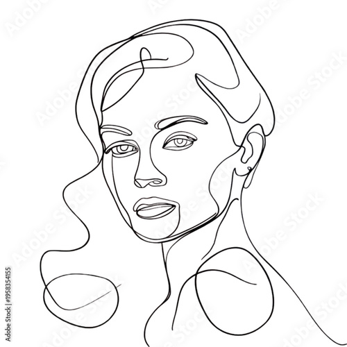 Continuous line drawing of a womans face and shoulders in one flowing motion