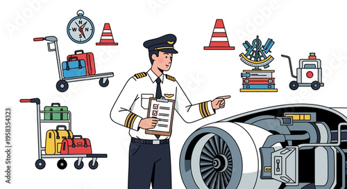 Pilot Inspecting Aircraft Engine and Luggage Carts.