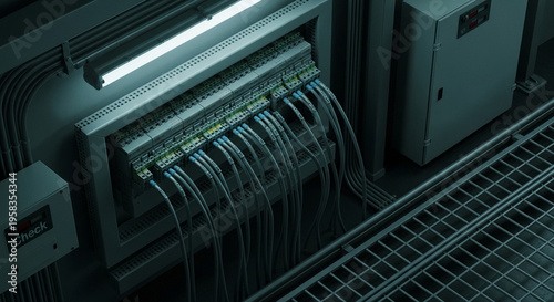 Close-up of Industrial Machine with Wires and Lights.