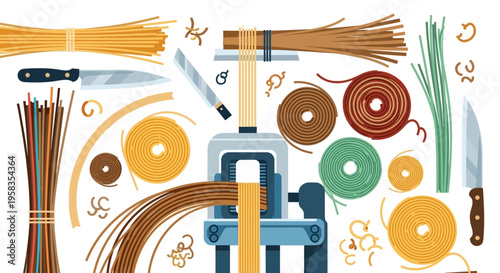 Pasta Making Process Ingredients and Equipment Illustration.