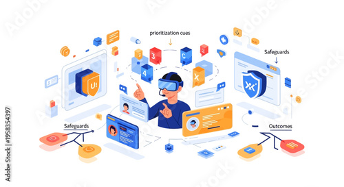 Person wearing VR headset interacting with digital interfaces.