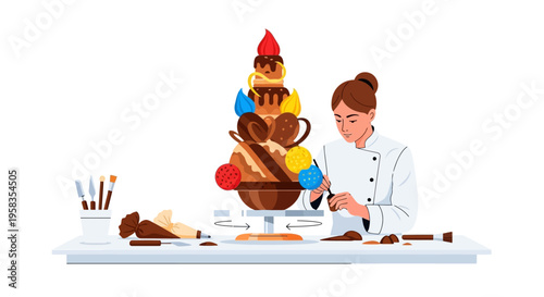 Pastry Chef Decorating Elaborate Chocolate Cake Masterpiece.