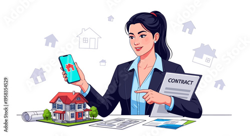 Real Estate Agent Showcasing Property App and Contract.
