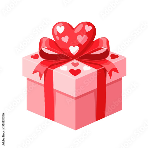 Pink Gift Box with Red Ribbon and Heart Decoration.