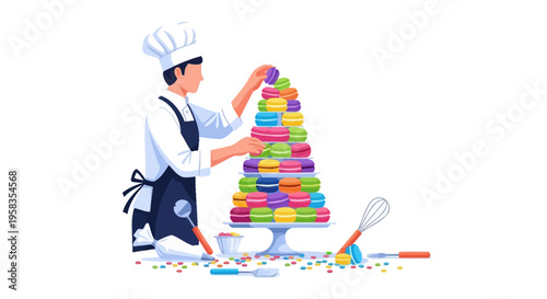Pastry chef meticulously arranging colorful macarons on a tiered stand.