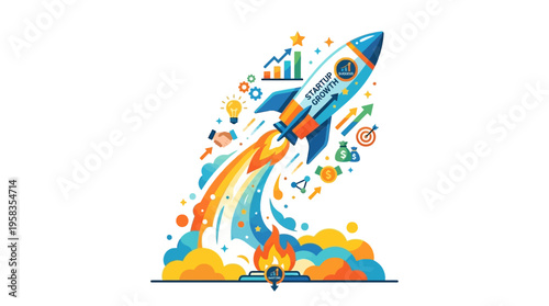 Rocket Launching with Business Growth Icons and Charts.