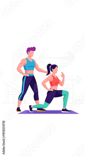 Personal Trainer Assisting Woman in Fitness Exercise.