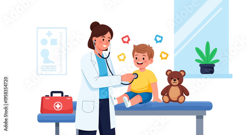 Pediatrician examining a happy young boy with a stethoscope.