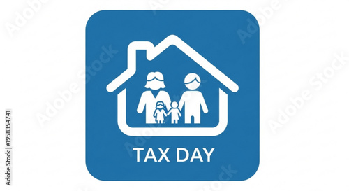 A blue and white vector graphic icon representing Tax Day with a family inside a house